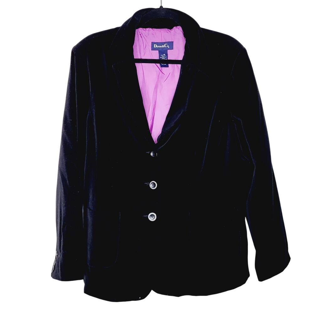 Denim&Co Black Velvet Three Button 100% Cotton Blazer Minimalist Preppy Size XL